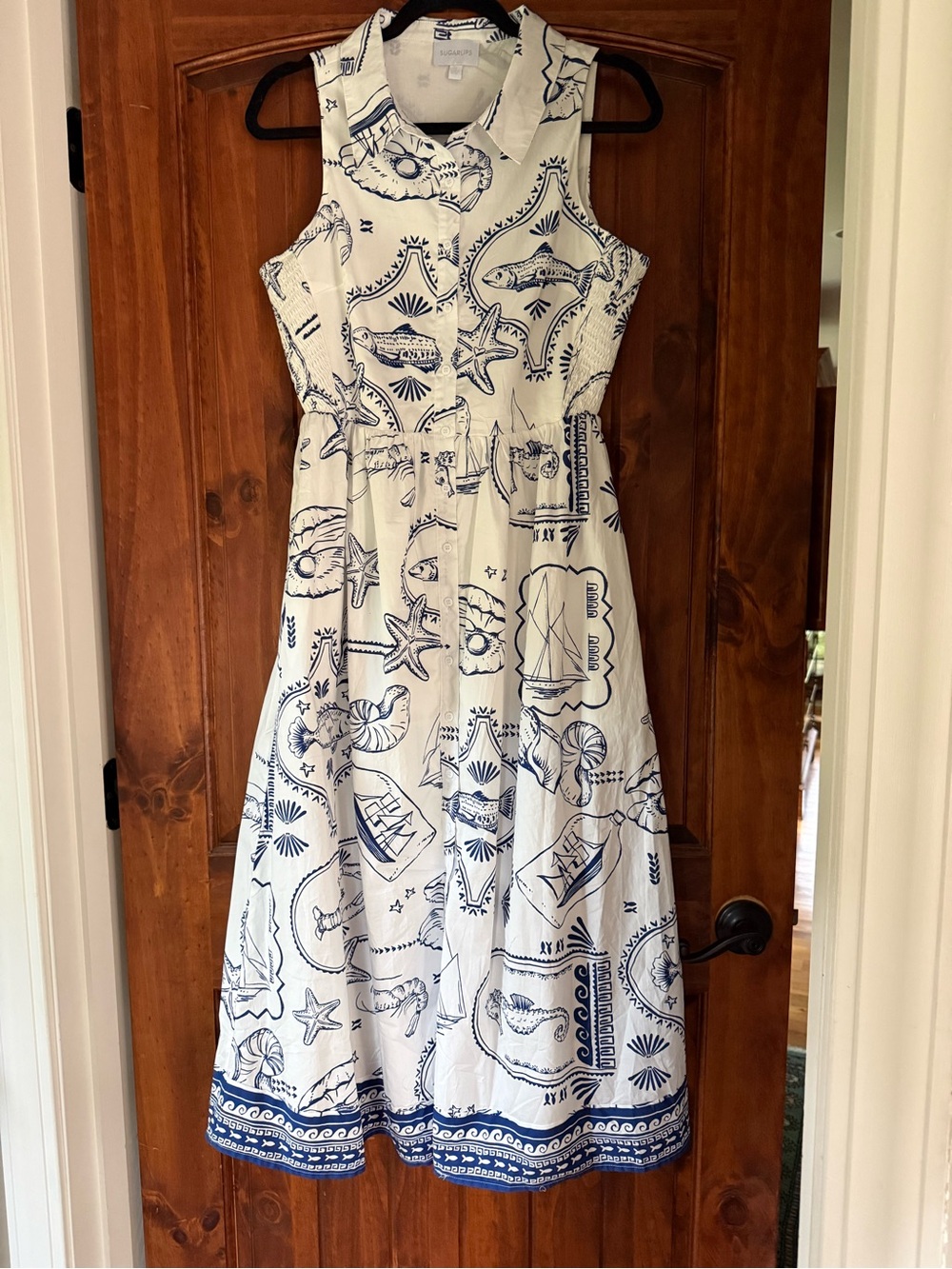 Sleeveless Nautical Print Shirt Dress - White & Navy